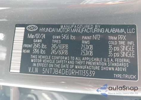 2024 Hyundai Santa Cruz Sel from USA, damaged, VIN 5NTJB4DE0RH113539
